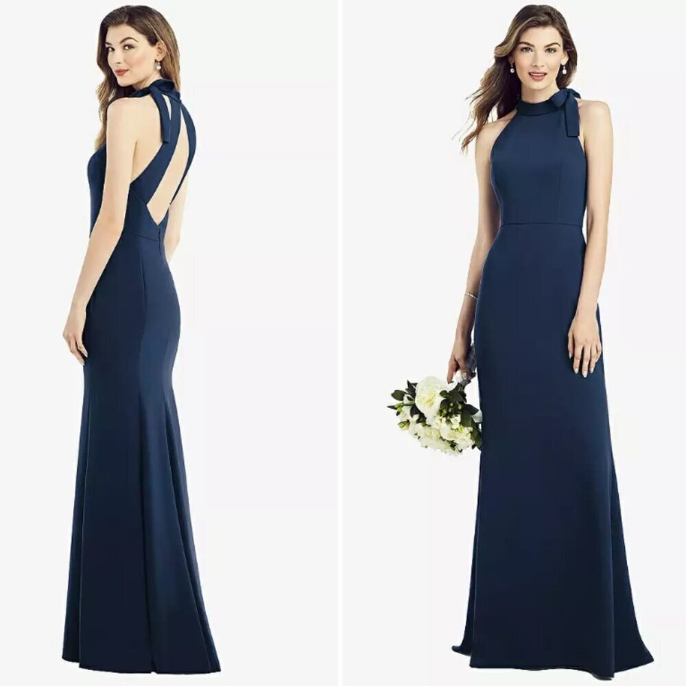 After Six Midnight Blue Crepe Tie Neck Halter Trumpet Gown Bridesmaid Dress NWT
